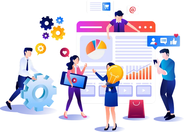 Illustration of a team working on an online store dashboard with charts, a cart and a shopping bag