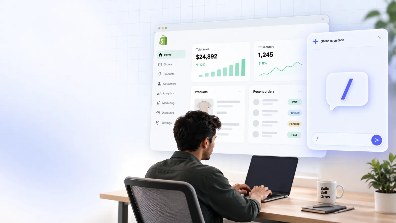 Illustration of a merchant at a laptop with a store dashboard and an assistant panel showing a slash command