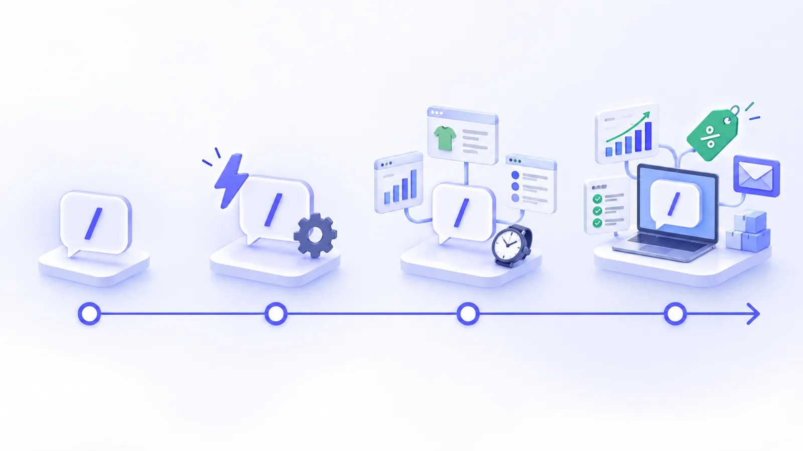 Timeline illustration with four milestones growing from a single chat bubble to a full assistant workstation with charts, a discount tag, an envelope and boxes