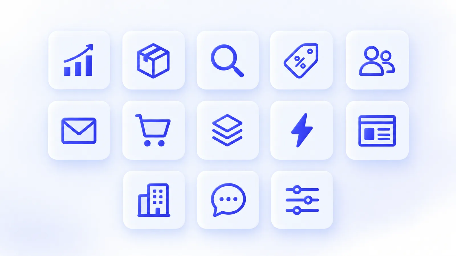 Grid of thirteen icons for store tasks: a rising chart, a box, a magnifying glass, a discount tag, people, an envelope, a cart, layered sheets, a lightning bolt, a page layout, a building, a chat bubble and sliders