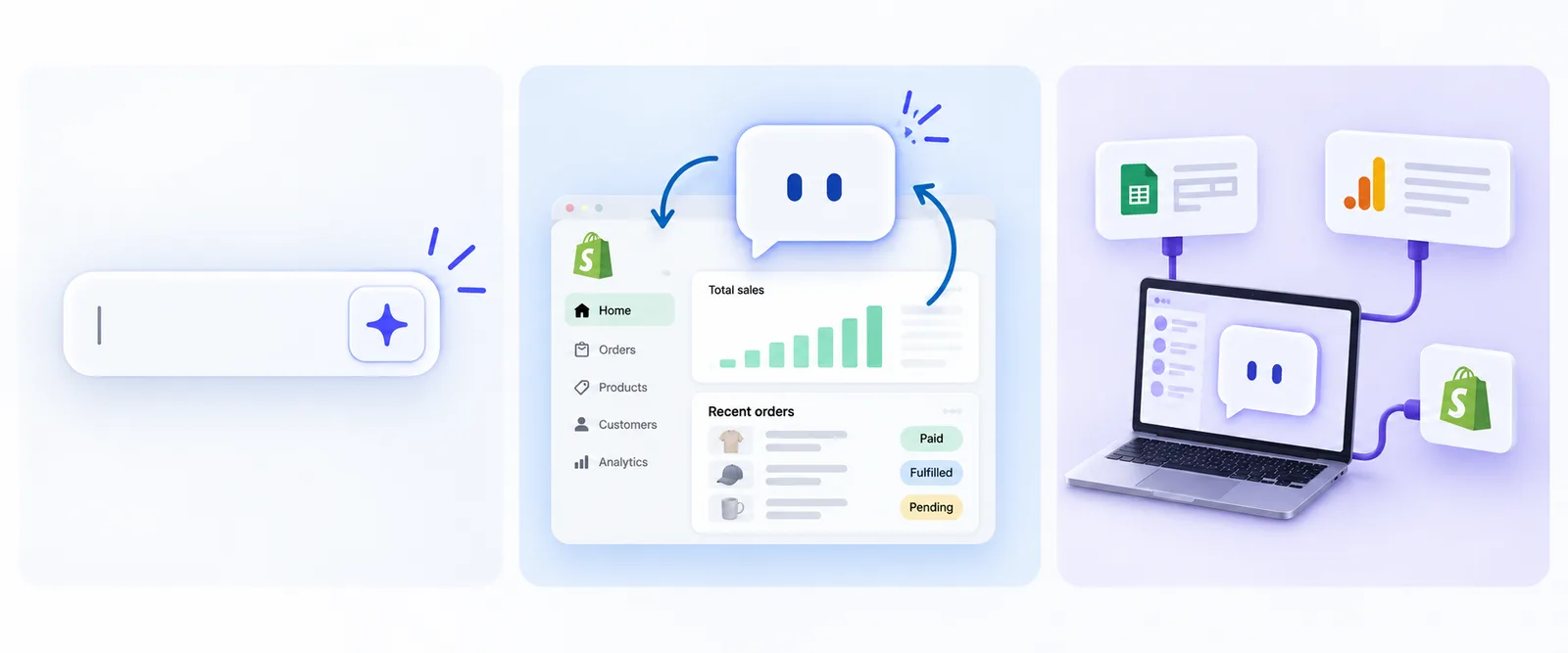 Three panels: a sparkle button inside a text field, a chat assistant reading a store dashboard, and a laptop chat window connected by cables to a spreadsheet, an analytics report and a store